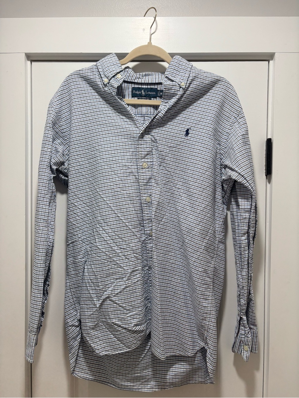 Ralph Lauren White and Blue Small Check Button-Down Shirt